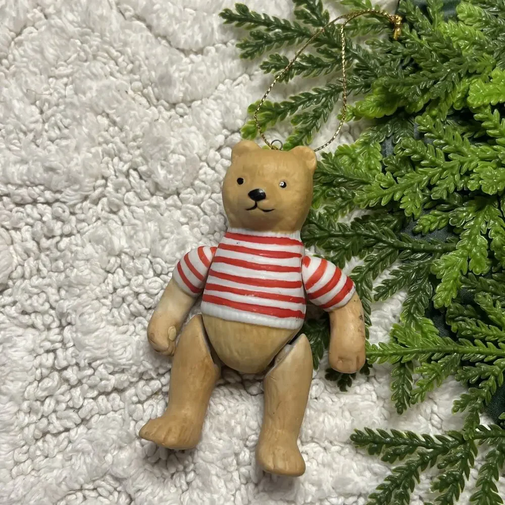 Vintage Jointed Ceramic Teddy Bear Ornament Striped Red White Preppy Nautical